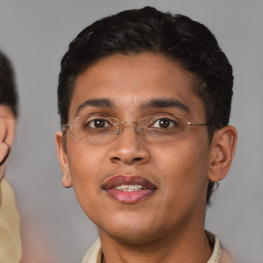 Joyful black young-adult male with short  brown hair and brown eyes