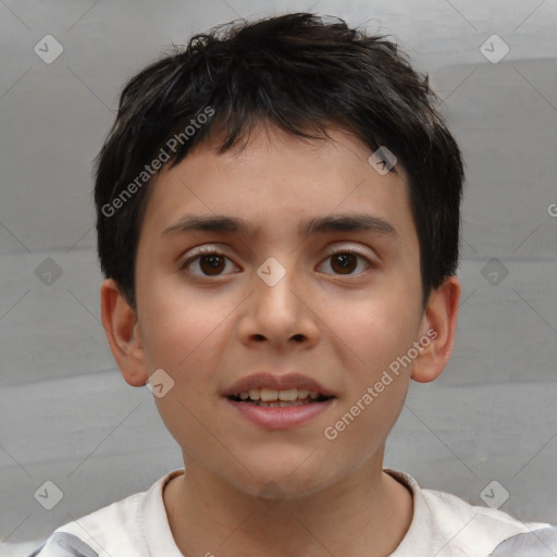 Joyful white child male with short  brown hair and brown eyes