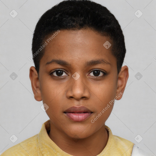 Neutral latino young-adult female with short  brown hair and brown eyes