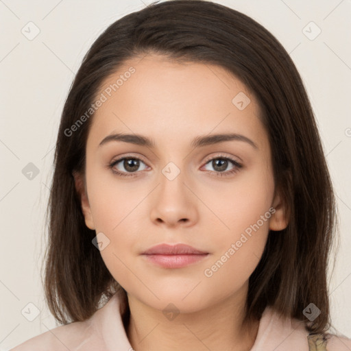 Neutral white young-adult female with medium  brown hair and brown eyes