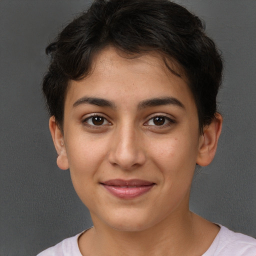 Joyful white young-adult female with short  brown hair and brown eyes