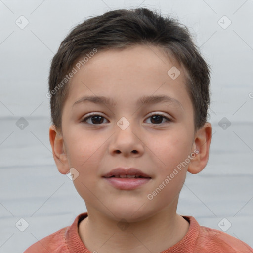 Joyful white child female with short  brown hair and brown eyes