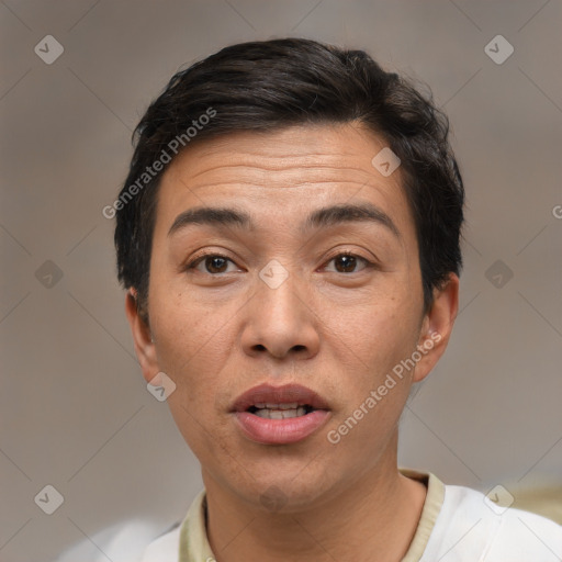 Joyful white adult female with short  brown hair and brown eyes