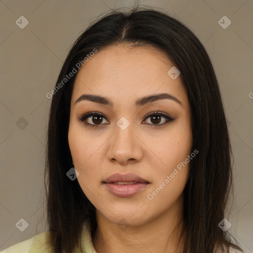 Joyful latino young-adult female with medium  black hair and brown eyes