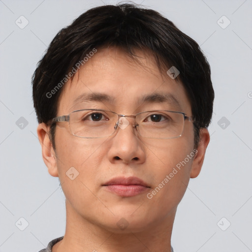 Neutral asian adult male with short  brown hair and brown eyes