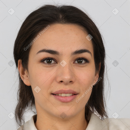 Joyful white young-adult female with medium  brown hair and brown eyes