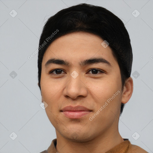 Joyful asian young-adult male with short  black hair and brown eyes