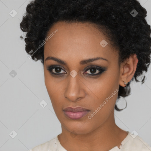 Neutral black young-adult female with short  black hair and brown eyes