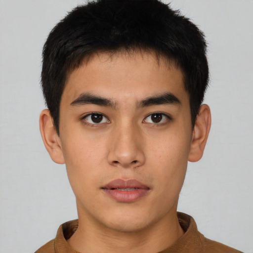 Neutral asian young-adult male with short  black hair and brown eyes