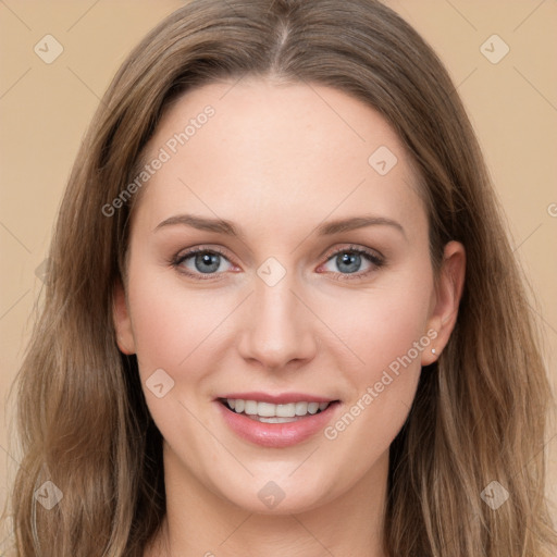 Joyful white young-adult female with long  brown hair and grey eyes