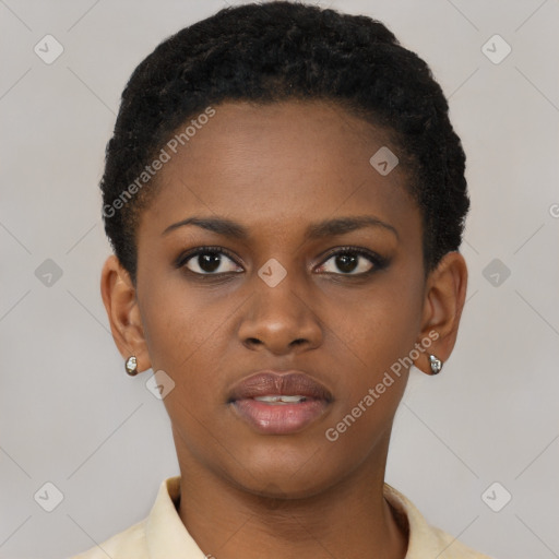 Neutral black young-adult female with short  brown hair and brown eyes