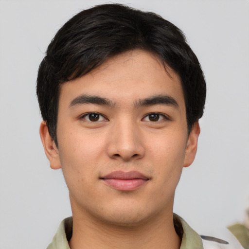 Neutral asian young-adult male with short  black hair and brown eyes