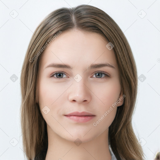 Neutral white young-adult female with long  brown hair and brown eyes