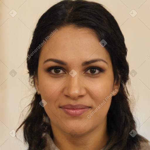 Joyful latino young-adult female with long  brown hair and brown eyes