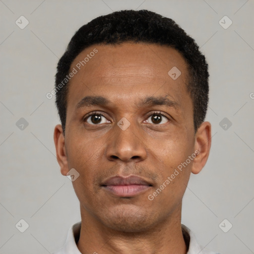 Neutral latino young-adult male with short  black hair and brown eyes