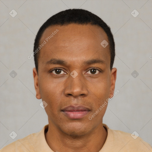 Neutral black young-adult male with short  black hair and brown eyes