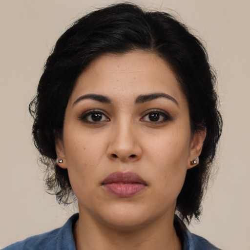 Neutral asian young-adult female with medium  black hair and brown eyes