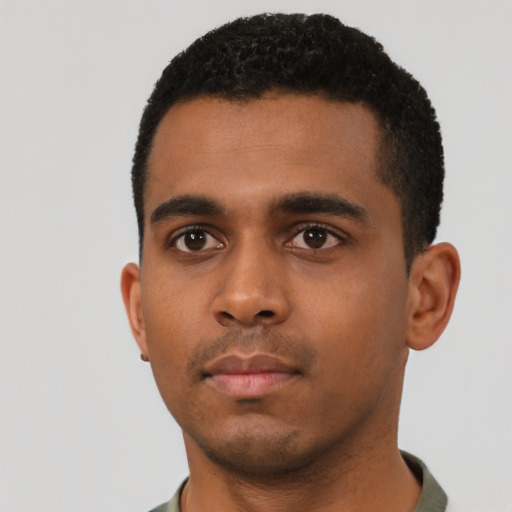 Neutral black young-adult male with short  black hair and brown eyes