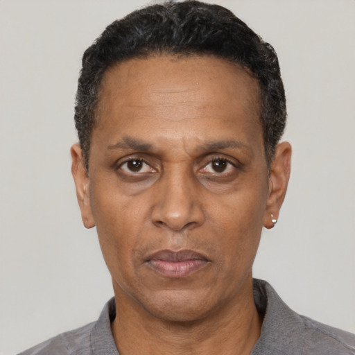 Neutral black adult male with short  black hair and brown eyes