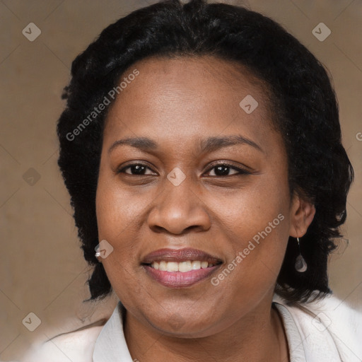 Joyful black adult female with medium  black hair and brown eyes