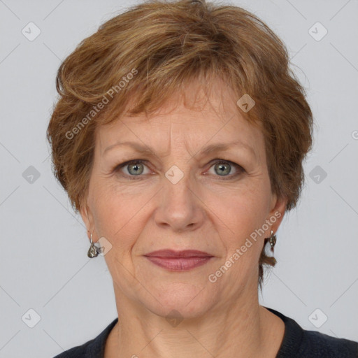 Joyful white adult female with short  brown hair and brown eyes