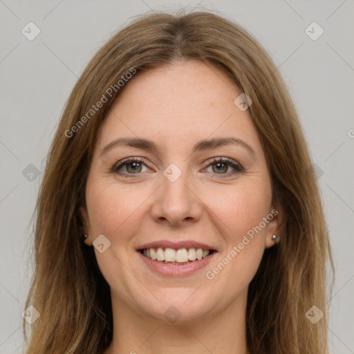 Joyful white young-adult female with long  brown hair and grey eyes