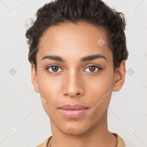 Neutral latino young-adult female with short  brown hair and brown eyes