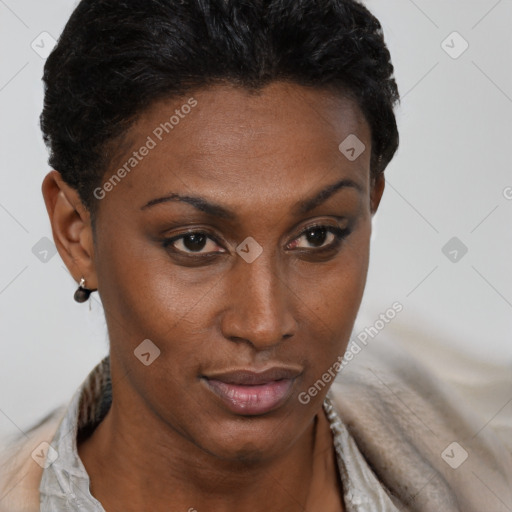 Neutral black young-adult female with short  brown hair and brown eyes