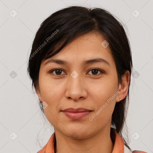 Joyful white adult female with medium  brown hair and brown eyes