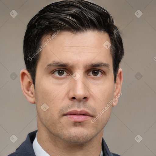 Neutral white young-adult male with short  black hair and brown eyes