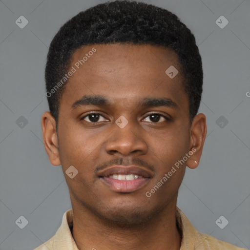 Joyful latino young-adult male with short  brown hair and brown eyes