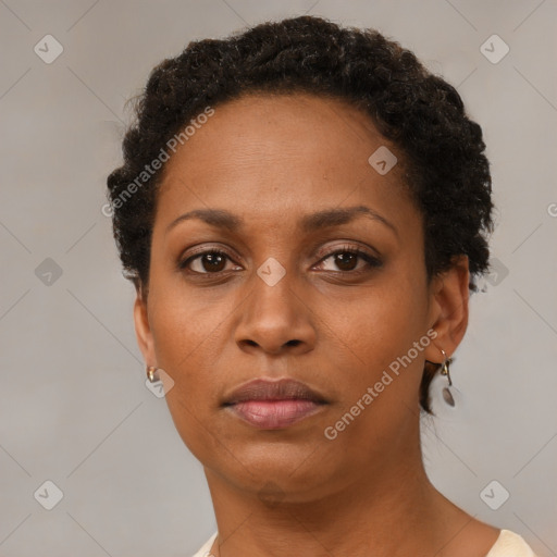 Neutral black adult female with short  brown hair and brown eyes