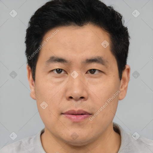 Neutral asian young-adult male with short  brown hair and brown eyes