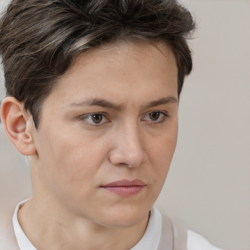 Neutral white young-adult female with short  brown hair and brown eyes