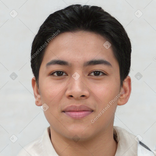 Joyful asian young-adult male with short  black hair and brown eyes