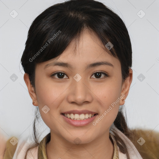 Joyful white young-adult female with medium  brown hair and brown eyes