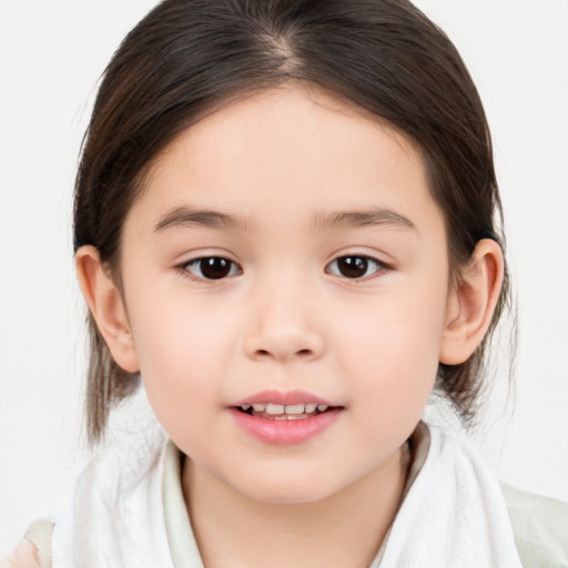 Joyful white child female with medium  brown hair and brown eyes