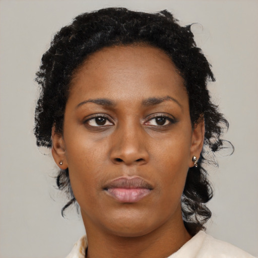 Neutral black young-adult female with medium  black hair and brown eyes