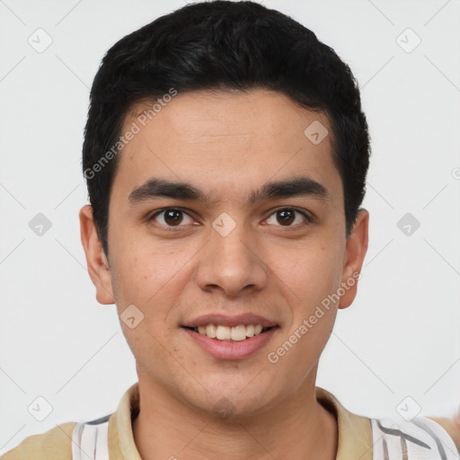 Joyful latino young-adult male with short  black hair and brown eyes