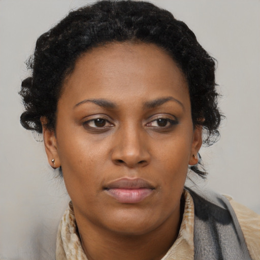 Neutral black young-adult female with short  brown hair and brown eyes