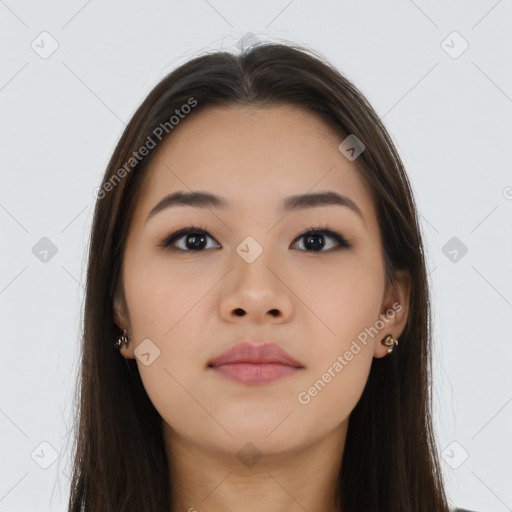 Neutral asian young-adult female with long  brown hair and brown eyes