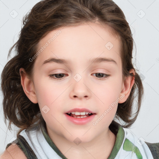 Joyful white child female with medium  brown hair and brown eyes