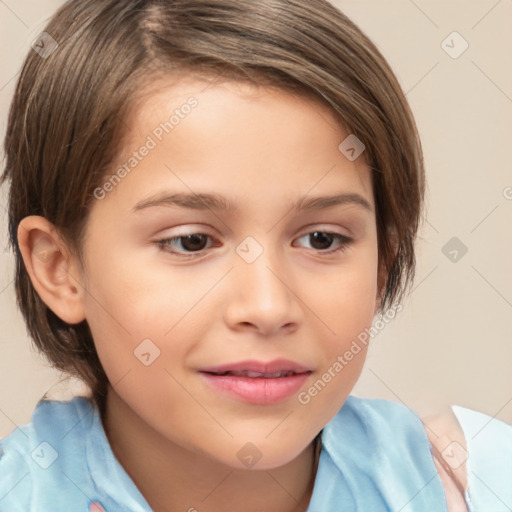 Joyful white child female with medium  brown hair and brown eyes