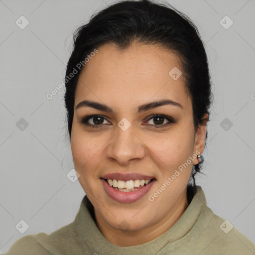 Joyful latino young-adult female with long  brown hair and brown eyes