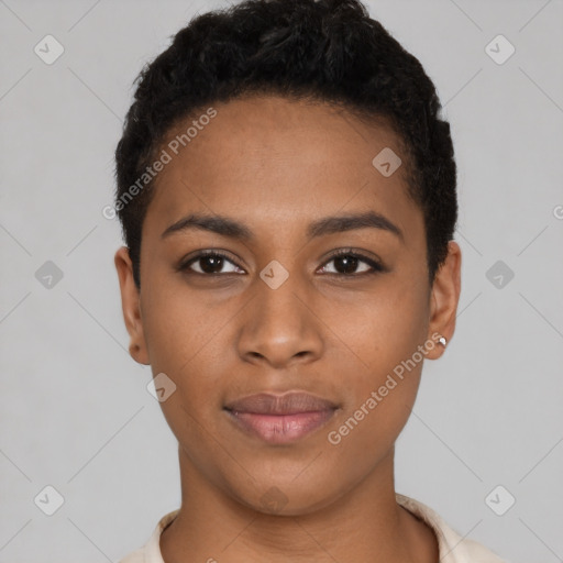 Neutral latino young-adult female with short  black hair and brown eyes