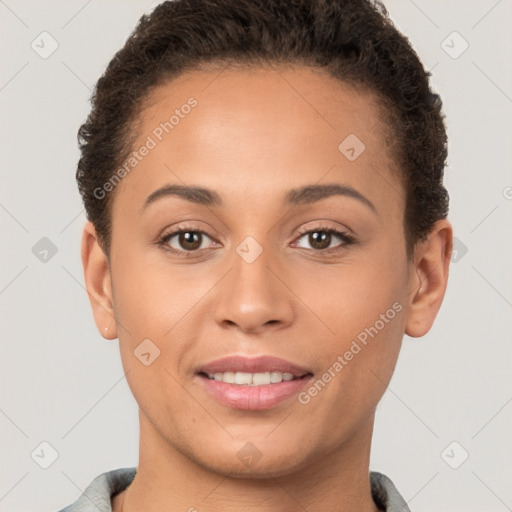 Joyful white young-adult female with short  brown hair and brown eyes