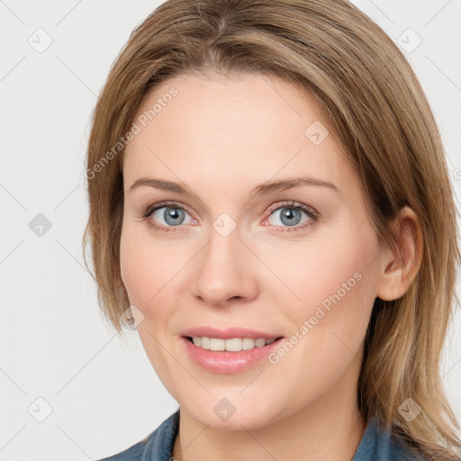 Joyful white young-adult female with medium  brown hair and blue eyes