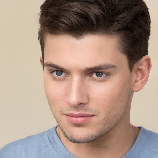 Neutral white young-adult male with short  brown hair and brown eyes