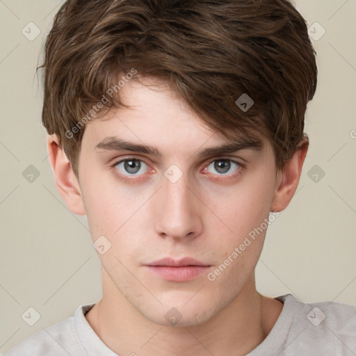 Neutral white young-adult male with short  brown hair and grey eyes