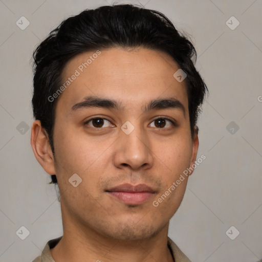 Neutral latino young-adult male with short  black hair and brown eyes